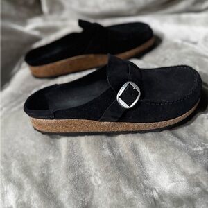Birkenstock Black Suede Mules with Silver Buckle